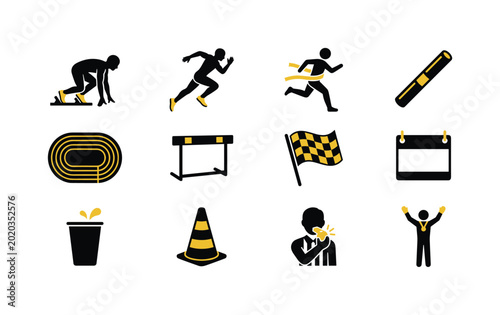Collection of running and track and field sport icons in black and yellow