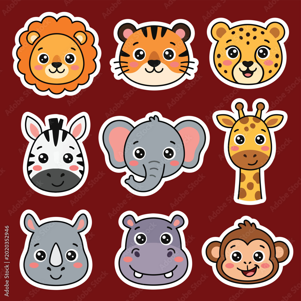 Fototapeta premium Cute safari animal face sticker vector collection featuring lion, tiger, zebra, giraffe, elephant, monkey, rhino, and hippo cartoon illustrations