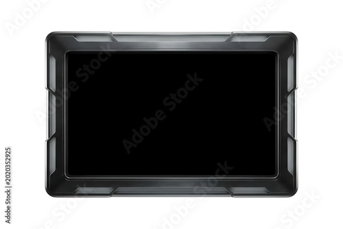 Futuristic Dark Display Screen with Metallic Frame and Modern Technology Design Overlay on Black White Background