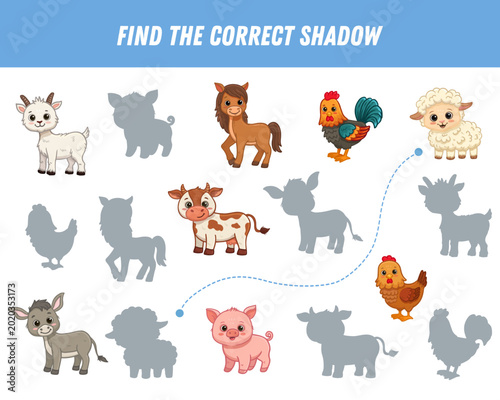 Find correct shadow of cute cartoon animal. Educational logical game for kids. Funny farm animal. Donkey, chicken, cow, horse, rooster, sheep. Vector illustration