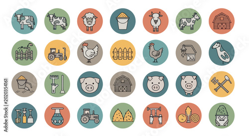 Farm Icons Set: Animals, Tractor, Barn, Fencing, Food, Agriculture Elements
