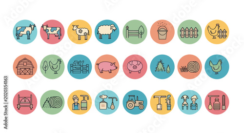 Farm Icons Set: Animals, Tractor, Barn, Hay, Farmer, Equipment, Milk