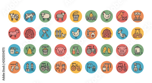 Farm Icons Set: Animals, Tractor, Crops, Farmer, Barn, Milk, Equipment