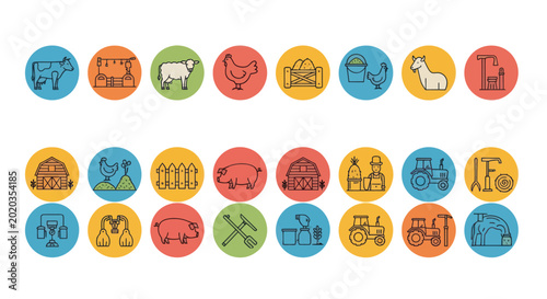 Farm Icons Set: Livestock, Crops, Equipment, and Buildings
