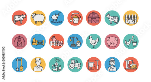 Foto Farm Icons Set: Animals, Barns, Tractor, Farmer, Equipment, Crops