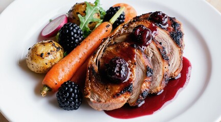 Sliced duck breast with cherry glaze and roasted vegetables. Juicy meat served with carrots, potatoes, berries and radish slices. Elegant gourmet meal presentation.