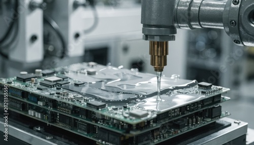 Closeup medium shot showing automatic robotic arm applying precise selective conformal silicone coating on assembled electronic components.