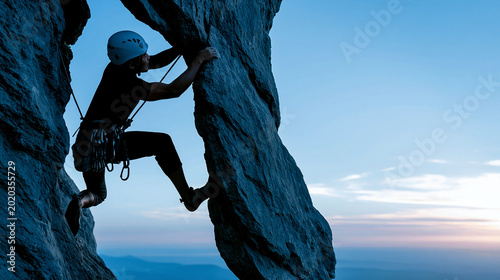 Close-up of a rock climber's determined silhouette against a bright sky on a cliff, determination concept, climbing silhouette photography, adventure sport lifestyle, defocused