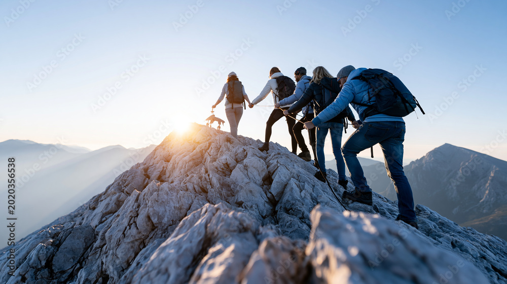 Fototapeta premium Rear view of a team of five rock climbers reaching a mountain summit with a beautiful sunrise behind, team climbing achievement concept, summit photography, conquering rocky
