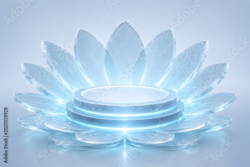 Clear glass lotus flower pedestal display stand for product showcase with blue soft lighting