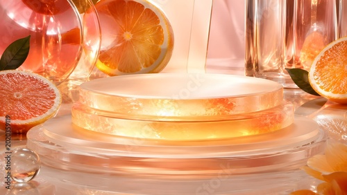 Fresh grapefruit slices and juice in a glass on a bright kitchen table for a healthy breakfast