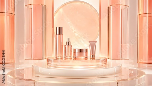 Luxury cosmetic beauty products set on a gold display stage with a soft warm lighting