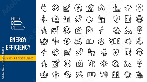 Modern Energy Efficiency and Sustainable Power Line Icons Collection. A Comprehensive Set for Renewable Resources, Eco-Friendly Technology, and Environmental Solutions