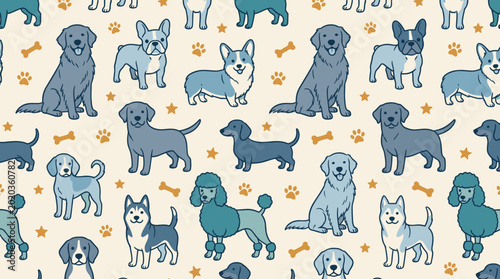 Seamless pattern of various blue dog breeds and paw prints