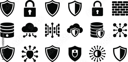 Cybersecurity icons in a grid with shields locks and network symbols against a white background vector silhouette