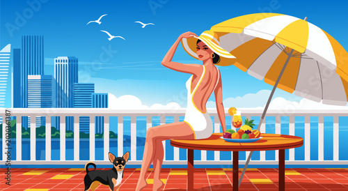Foto Stylish woman in swimsuit and hat enjoying a sunny day on balcony with chihuahua