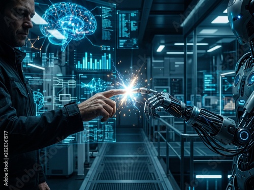 AI, Machine learning, Hands of robot and human touching on big data network connection, Data exchange, deep learning, Science and artificial intelligence technology, innovation of futuristic.