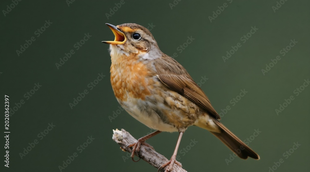 Obraz premium Small bird with orange chest perches on branch singing loudly. This wild animal has open beak, emitting sweet melody in natural habitat. Peaceful avian life, nature sound.