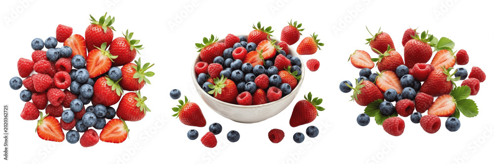 Obraz premium Set and collection of bowl of fresh assorted berries isolated on white background
