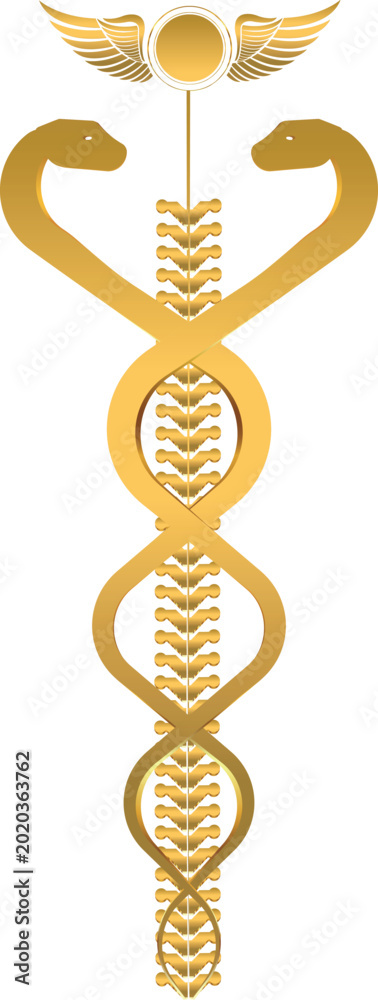 Obraz premium 3D Golden Caduceus of Hermes with Angel Wings, Sacred Geometry, Spiritual Style, Jewelry, Radiant, Yellow, Gold, Intertwined Esoteric Design, Transparent Background 3D vector, Illustration