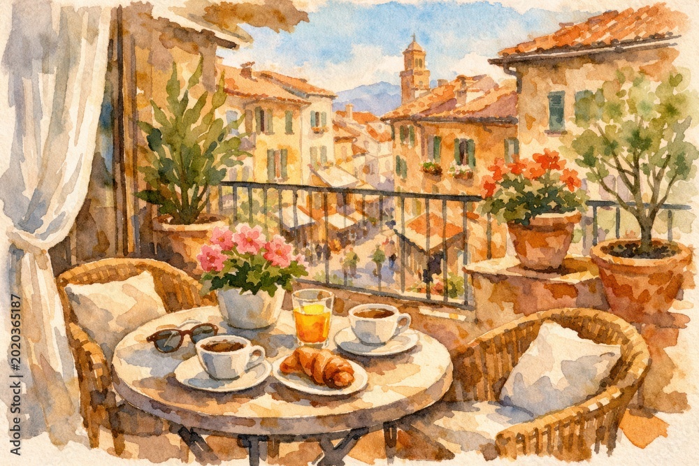 Fototapeta premium A table with coffee and a croissant sits on a balcony. Below, a busy square with shops is filled with people and flowers.
