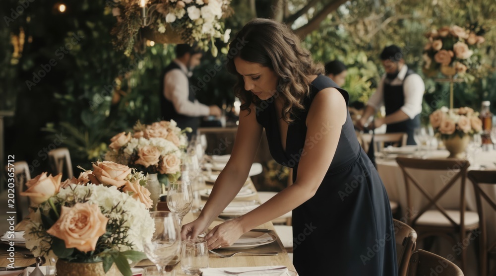 Fototapeta premium Woman event planner arranges table setting for wedding reception. Outdoor venue tables decorated with peach roses. Staff set up for celebration.