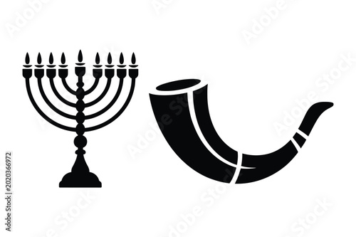 Принти на полотні Menorah and shofar silhouette with hanukkah religion ceremony traditional