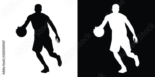 Fotografía Dynamic silhouette of a basketball player dribbling