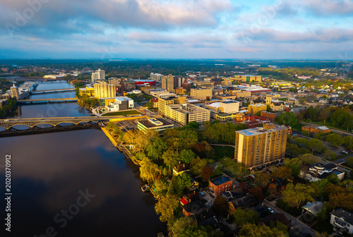 Aerial Downtown Rockford Along the Rock River