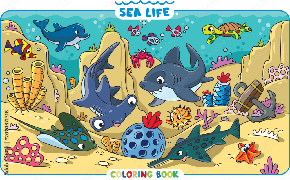 Naklejka premium Sea theme. Big coloring book set. Kids vector