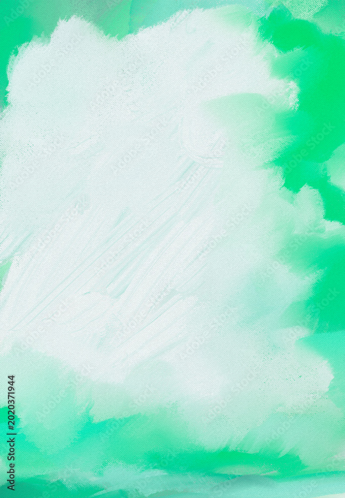 Fototapeta premium Impressionistic Misty, Foggy, Billowy Clouds Over Vibrant Colorful Sky - Digital Painting, Art, Artwork, Design, Illustration in Green & Aqua w/ Canvas & Paint texture