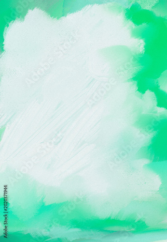 Impressionistic Misty, Foggy, Billowy Clouds Over Vibrant Colorful Sky - Digital Painting, Art, Artwork, Design, Illustration in Green & Aqua w/ Canvas & Paint texture