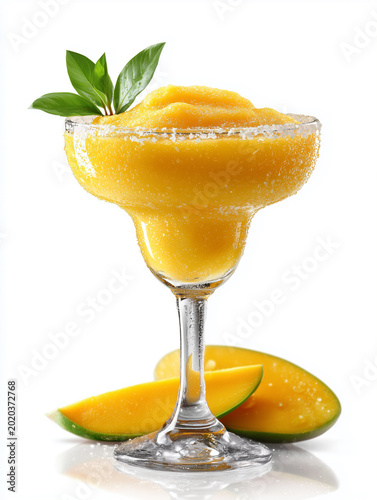 Refreshing frozen mango margarita cocktail in a glass with salt rim and green leaves on white background. Tropical summer drink with fresh mango slices. Perfect for food photography