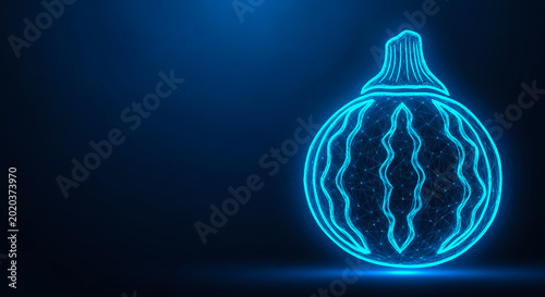 Glowing neon blue watermelon icon with intricate details on a dark background, symbolizing freshness and technology.