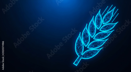 A neon-blue, futuristic wheat graphic on a sleek, dark background, representing technology and nature.