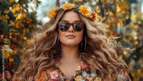 Portrait of a confident woman wearing sunglasses and floral attire standing among colorful flowers in a sunlit outdoor setting