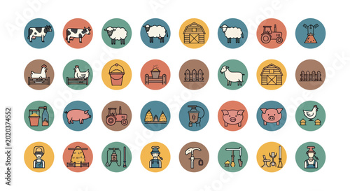Farm Icons Set: Animals, Buildings, Equipment, and People - Pixel Art Style