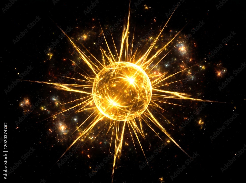 Obraz premium Abstract glowing golden star or sun with radiating light beams in deep space