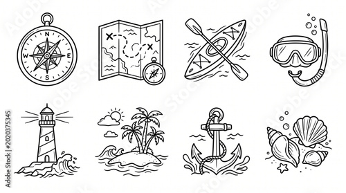 Set of nautical and travel adventure icons in sketch style.