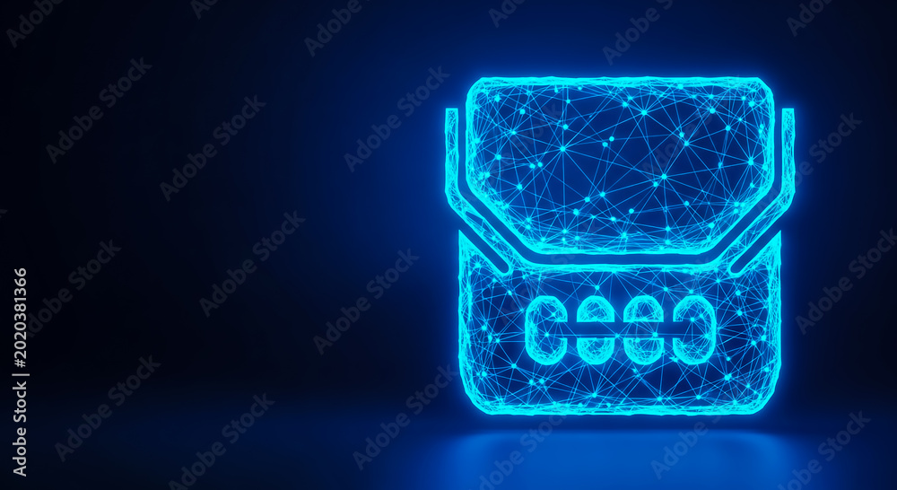 Fototapeta premium A modern digital wallet icon with glowing blue neon lines and geometric patterns, symbolizing cryptocurrency and digital payments on a dark background.
