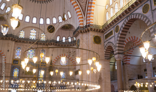 Suleymaniye Mosque, interior and decoration, or Suleymaniye Mosque, in Istanbul, Turkey