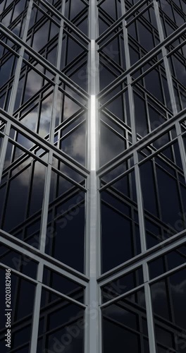 Vertical animation of reflective skyscraper facade with seamless loop motion. Ideal for finance, technology, cybersecurity, and corporate branding projects. Part of series. 3d Animation 4k, 3840x2160