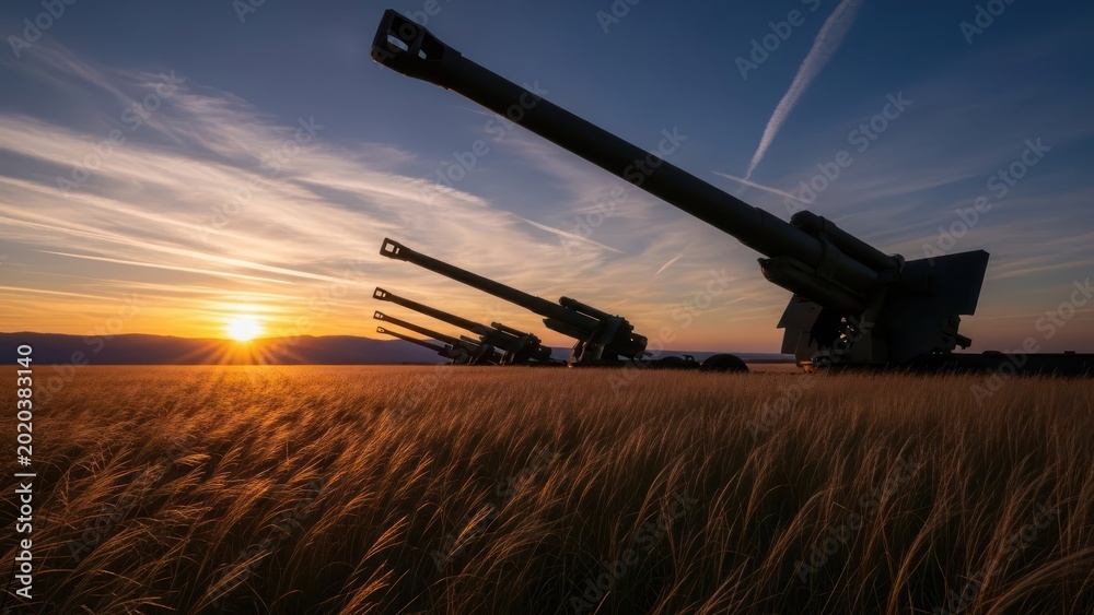 Fototapeta premium Heavy Artillery Silhouetted Against a Dramatic Sunset Over a Golden Field of Grain