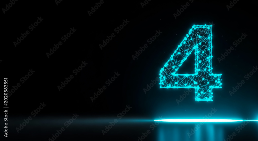 Fototapeta premium A sleek, neon-blue glowing number '4' stands out against a dark backdrop, with subtle light reflections adding depth.