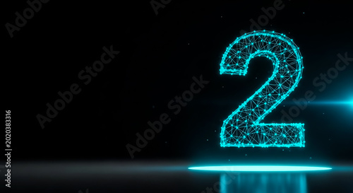 A glowing neon number '2' composed of interconnected particles, set against a sleek black background with light trails.