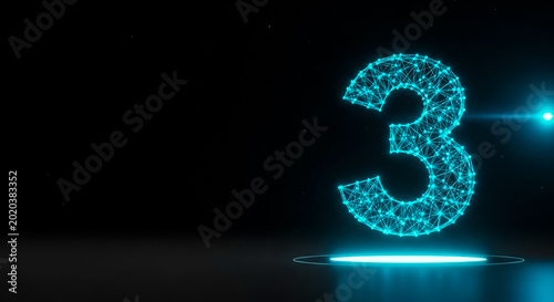 A vibrant, glowing number 3 rendered in blue with particle effects, set against a sleek dark background. Ideal for futuristic or tech-themed designs.