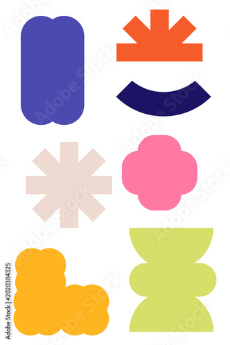 Bold colorful abstract geometric shape set. Modern retro Bauhaus design elements, organic forms, playful Memphis style collection, transparent background. High resolution PNG. Arch, asterisk, shapes