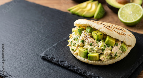 Gourmet Venezuelan Arepa Reina Pepiada with Chicken and Avocado with Copy Space