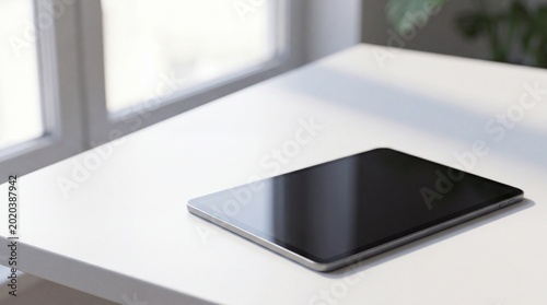 Tablet computer on white table, blank screen, modern workspace, office desk