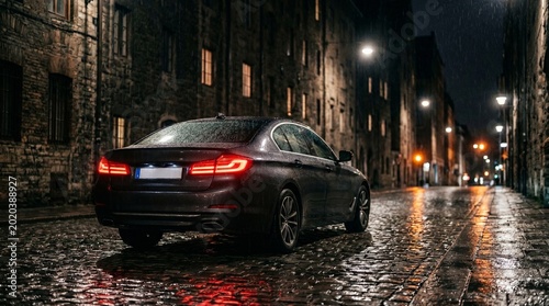 Luxury sedan car parked on wet cobblestone street at night with building lights reflecting on surface.
